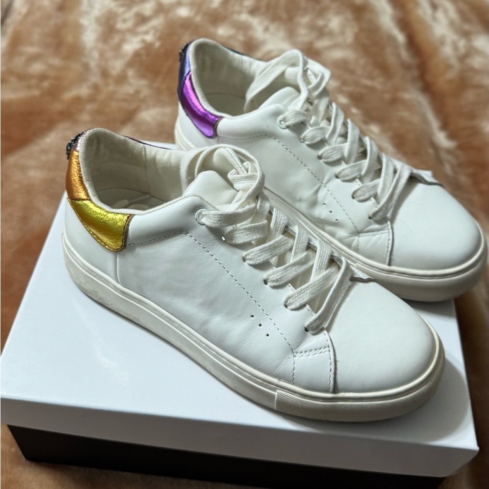 Kurt Geiger White Leather Sneakers with Gold and Purple Heel Tabs